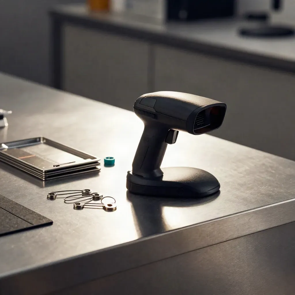 Barcode scanner cradle, anti-theft pins and card tray on brushed aluminium, lit dramatically.
