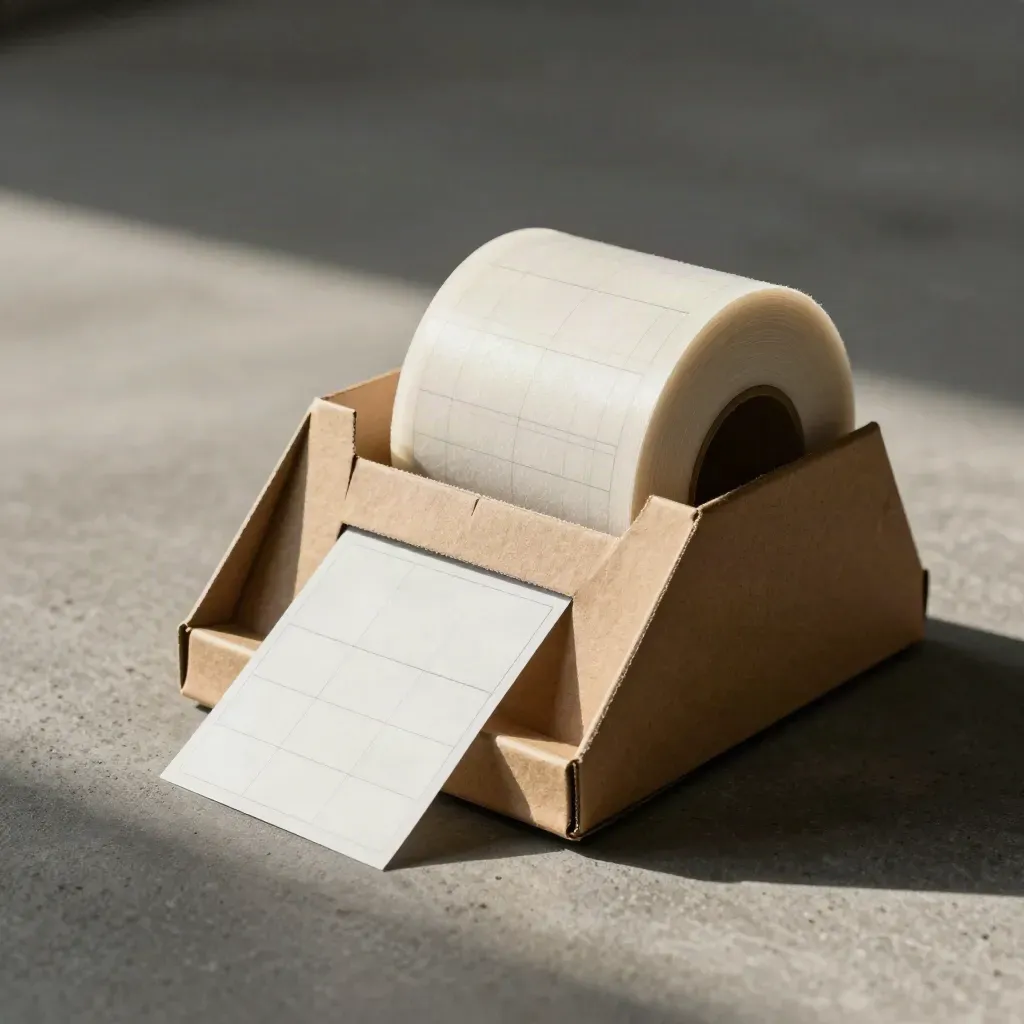 Macro still life of a card terminal cradle, kraft mailer and label roll on concrete.
