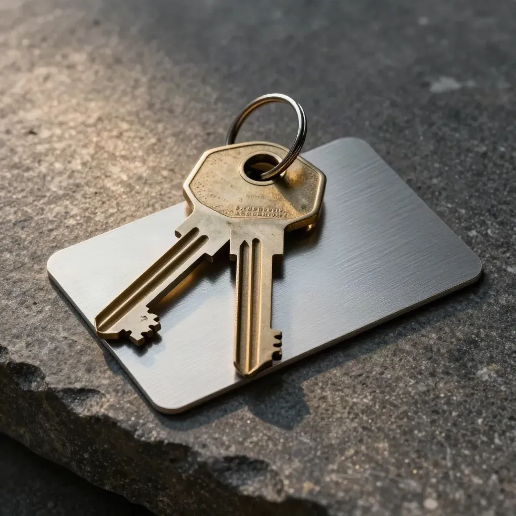 Brass vault keys and a blank access card overlapping on stone under raking light.