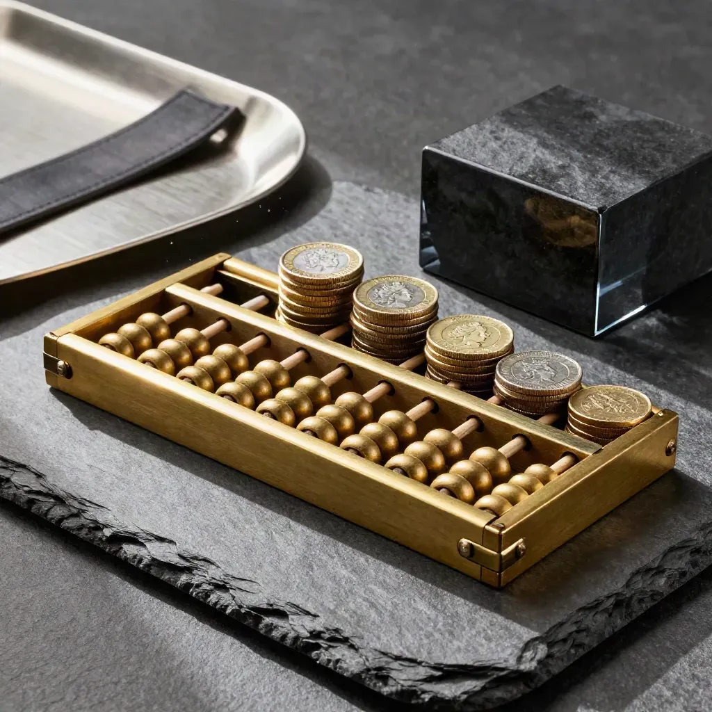 Brass abacus, stacked coins, and slate paperweight on graphite stone, overhead finance still life.