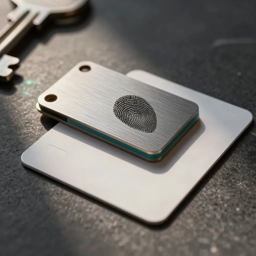 Fingerprint sensor module beside two blank contactless cards and a steel spacer on dark stone.