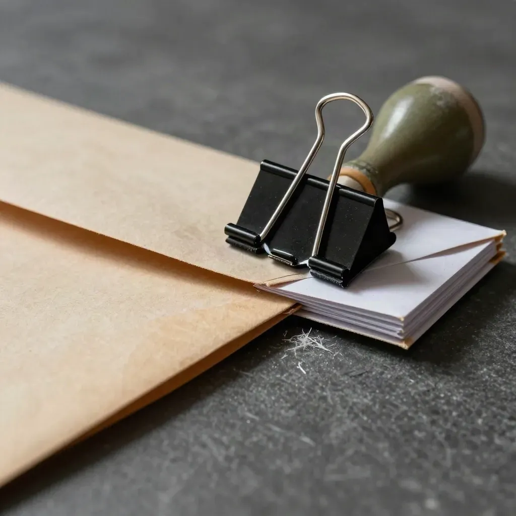 Binder clip clamps dispute envelopes beside a face-down approval stamp on dark stone.