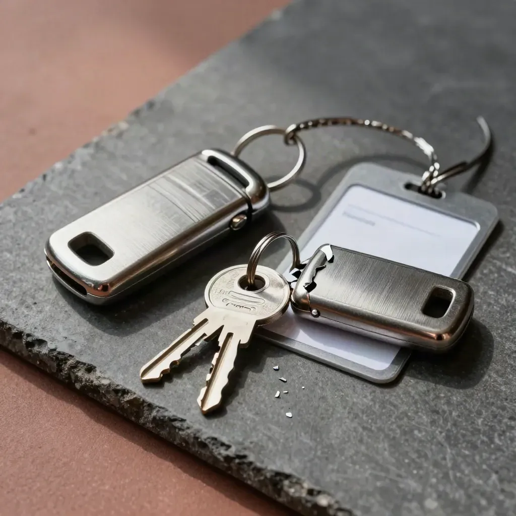 Top-down still life of key fobs, a cracked seal, and a badge holder on concrete.