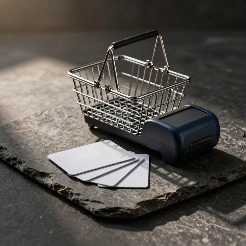Checkout terminal, basket handle and three blank cards on charcoal stone, dramatic side light.