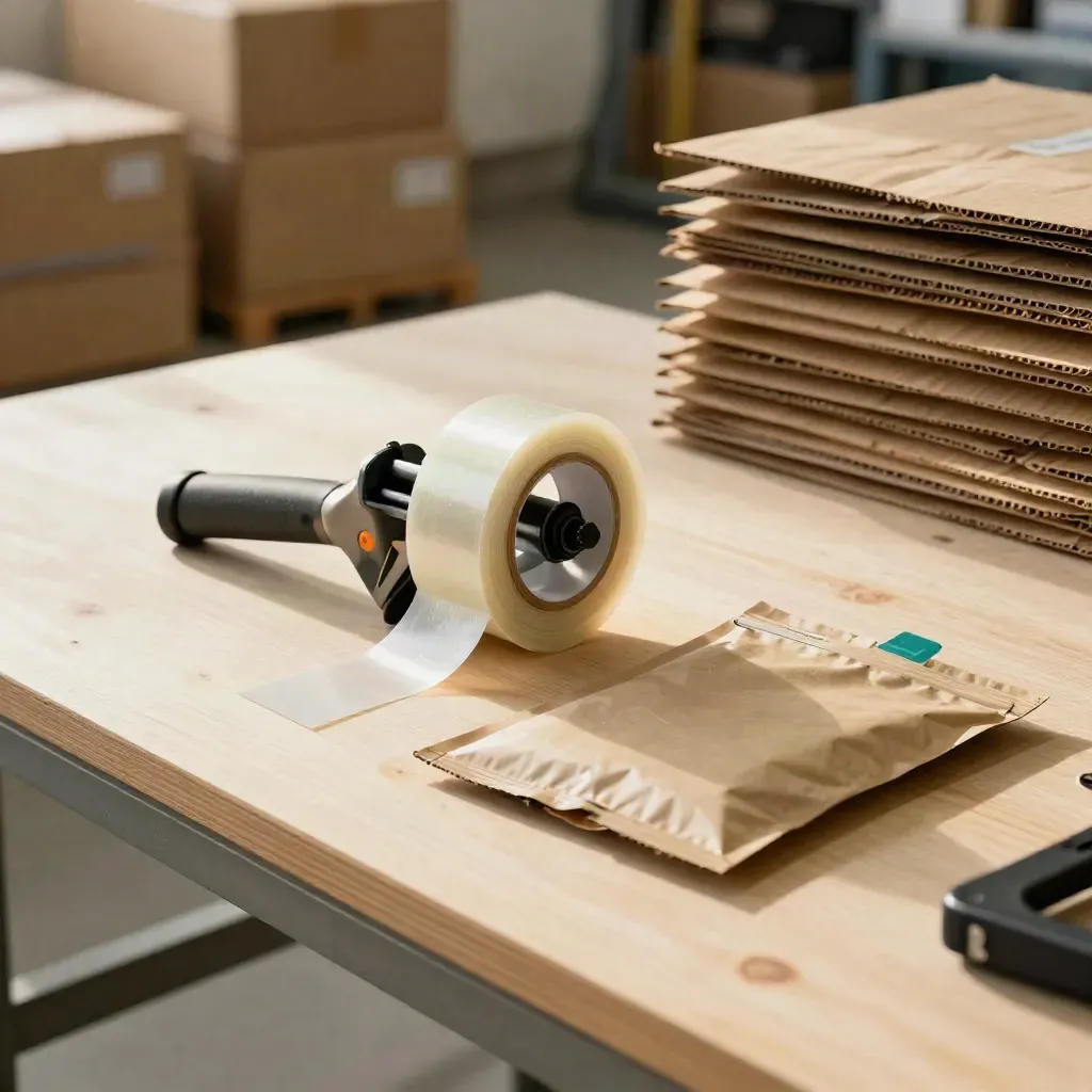 Parcel tape gun, kraft paper roll and sealed return pouch on pale wood in a fulfilment-bench scene.