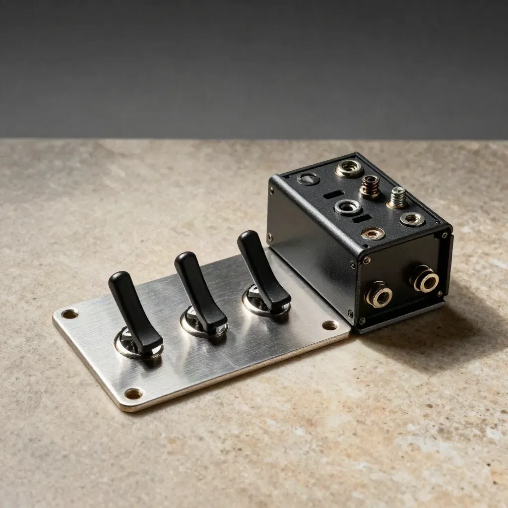 Overhead macro of a selector switch cluster with a relay block on a stone surface