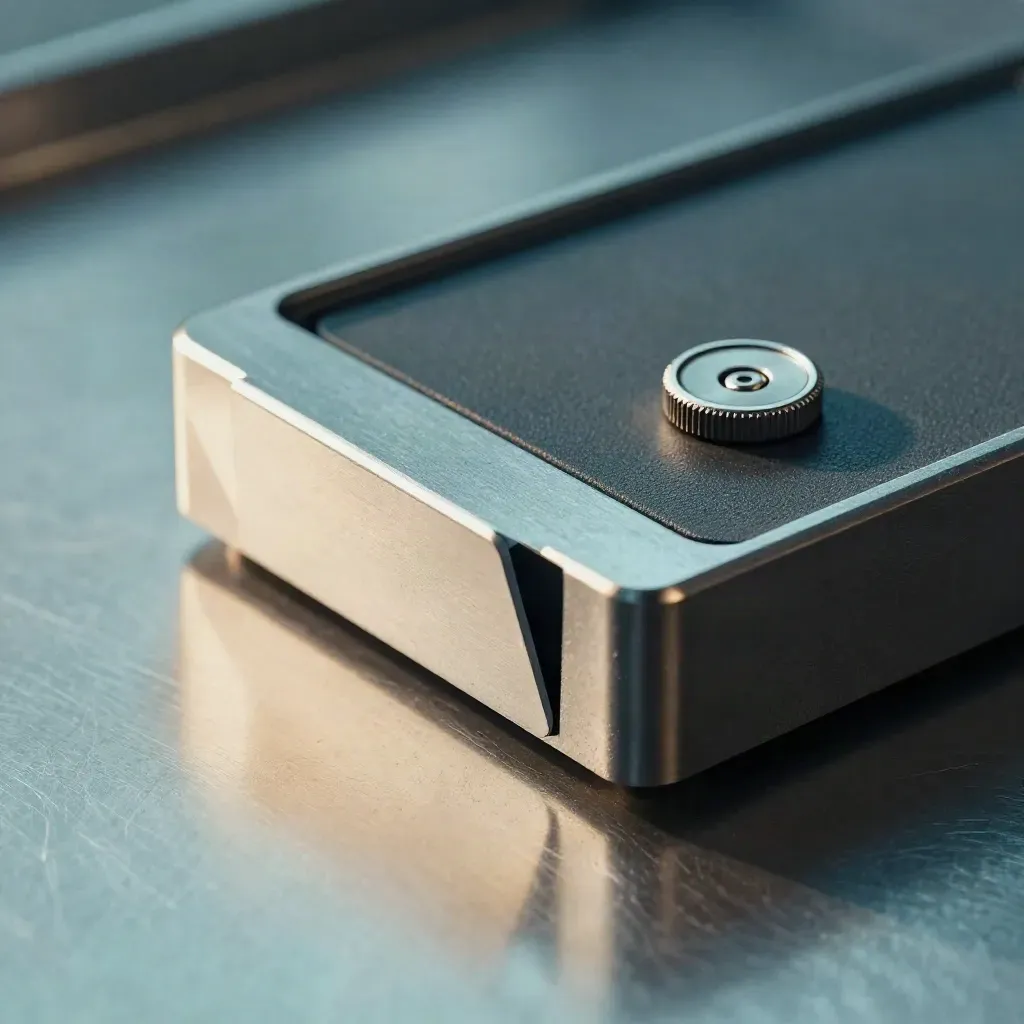 Card reader dock, debit card edge, and security token on a steel surface