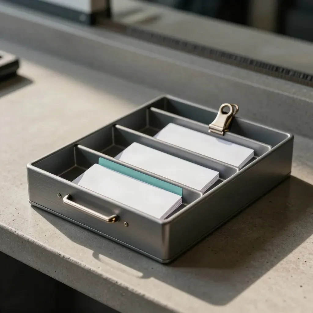 Modular case tray with divider tabs, evidence cards and a steel clip on concrete.