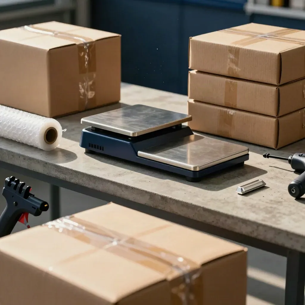 Fulfilment packing tools and parcels on a concrete bench, seen through bubble wrap.