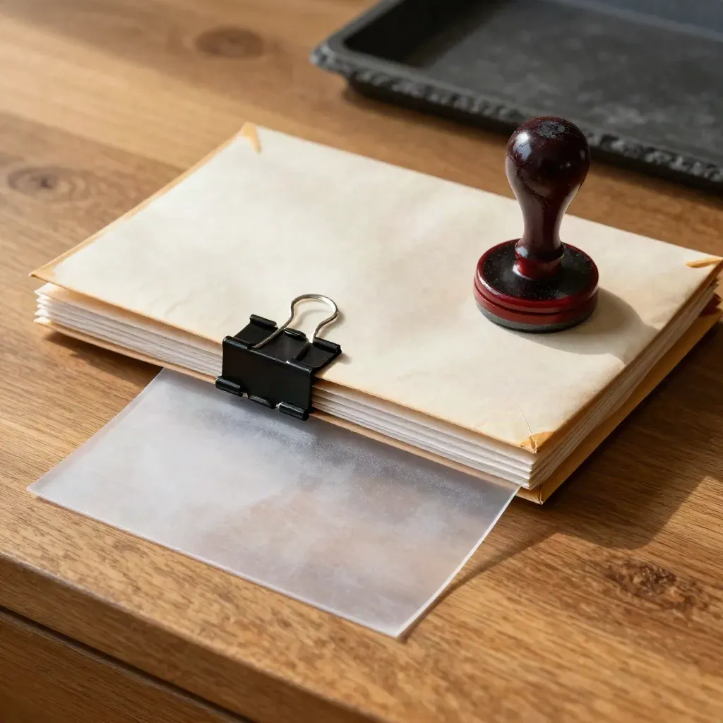 Evidence envelopes, binder clips, rubber stamp and frosted divider on an oak surface, shot through plastic.