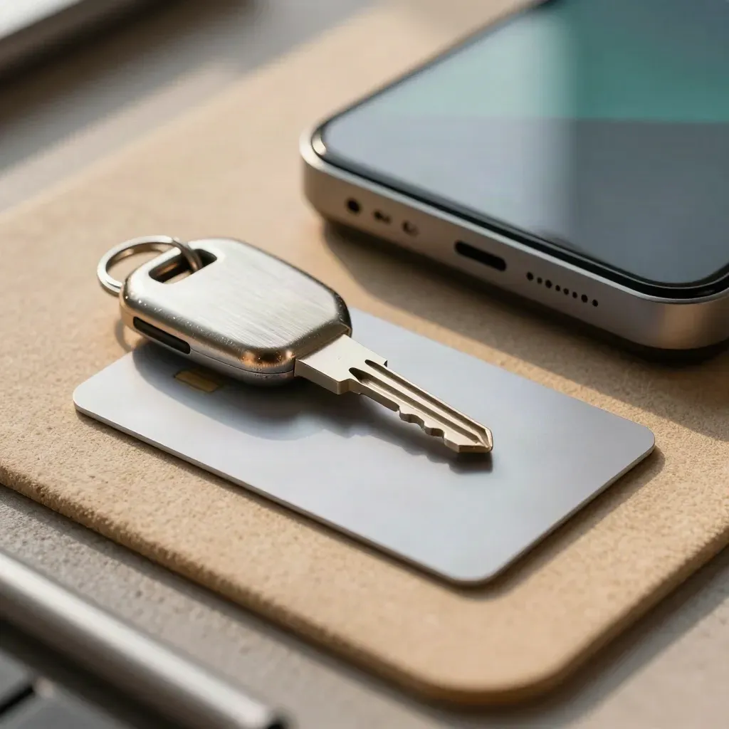 Macro still life of a key fob, contactless card, and payment reader dock on khaki stone.