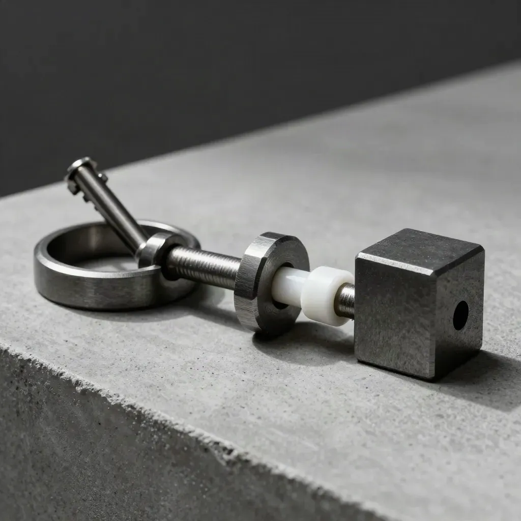 Graphite connector rings and blocks aligned on a concrete slab under dramatic studio light.
