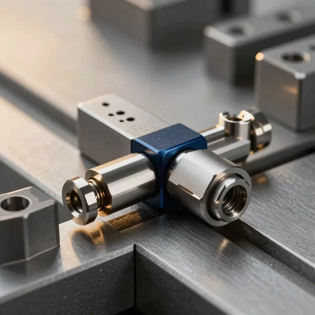 Macro side view of precision connector blocks and stepped spacers locking together on a graphite bench.