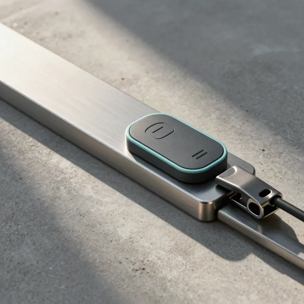Top-down metal payment rail, contactless puck and cable clip on concrete with teal accent.