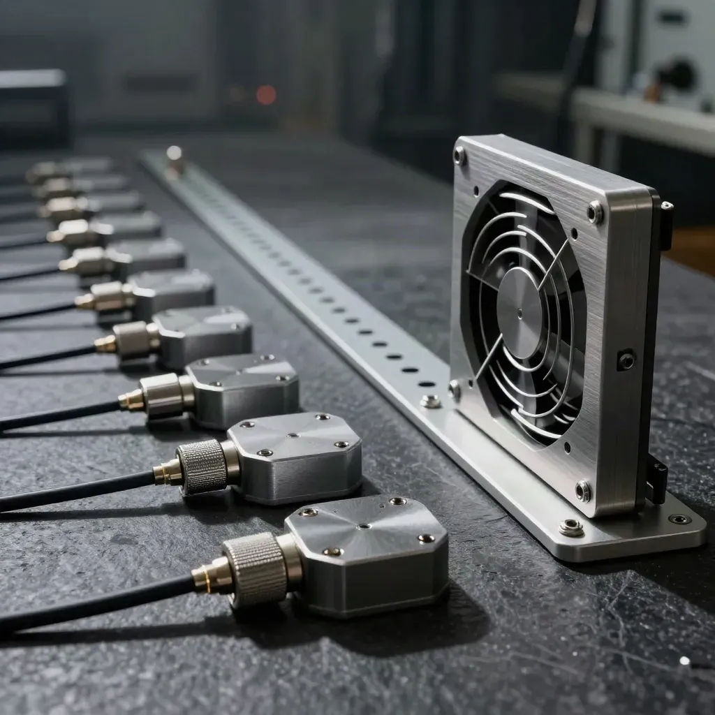 Graphite sensor pucks, couplers, and a vented metal bracket in a dim tech lab.